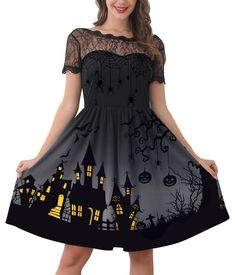 PRICES MAY VARY. SIZE INFORMATION - S (US 4-6), M (US 8-10), L (US 12-14), XL (US 16-18), 2XL (US 18-20). Detail Refer to Sizes in Product Description as Below. PARTY VINTAGE HALLOWEEN DRESS -This Halloween Swing Dress Features Sweetheart Neckline, Lace Sleeve, Elastic Waist, Pumpkin and Bat Halloween Pattern And Deep V Back. If You Want the Full Swing Look As in the Picture, You Need to Wear a Crinoline or Petticoat. HALLOWEEN WOMENS DRESS - This Simple Pumpkin and Bat Pattern Print Design is S Halloween Fashion Outfits, Womens Halloween Costume, Halloween Dresses, Bat Halloween, Bat Pattern, Halloween Pattern, Lace Short, Halloween Fashion, The Fear