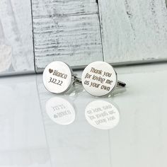 "These personalized cufflinks make the perfect gift for your step dad or father of the bride. Customize them with your favorite name, date or quote. The possibilities are endless so get creative and let us create a keepsake he can cherish for a lifetime. The Cuff Links are made out of Stainless Steel and are design to last you for a lifetime. Each cufflink is 18mm wide. More colors available on the link below https://www.etsy.com/shop/OneMemoryLaneLLC?section_id=25153613 Tie clip available on th Step Father, Step Dad Gifts, Personalized Cufflinks, Gift For Wedding, Heart Symbol, Groomsmen Gifts, Father Of The Bride, Font Style, Font Styles