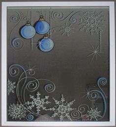 a christmas card with ornaments and snowflakes