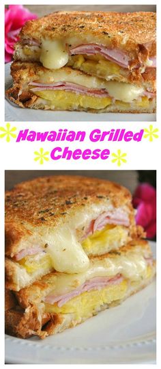 the hawaiian grilled cheese sandwich is cut in half and served on a white plate