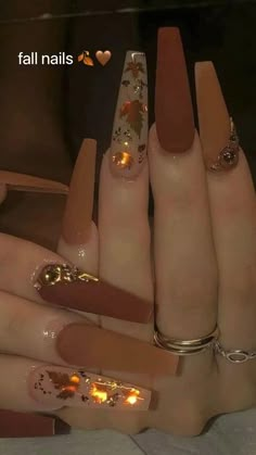 nail art Brown N Orange Nails, Hombre Brown Nails, Brown Nails Diamond, November Acrylic Nails Coffin, Brown Nails With Leaves, Brown Fall Nail Ideas, Brown Nails Design Coffin, Fall Brown Nails Acrylic, Jelly Nails Brown