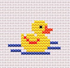 a cross stitch pattern with a yellow duck