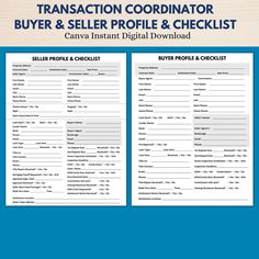 the transaction coordinating buyer and seller profile checklist is shown on a blue background with white text