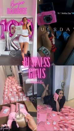 a collage of photos with pink items and text that reads business goals on it