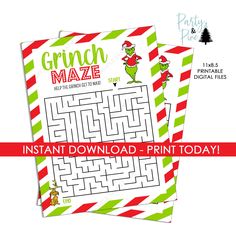 the grinch maze printable activity is shown on top of a red and green striped background