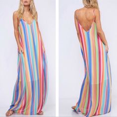 Beautiful And Unique Maxi Dress! Easy To Care For Flowy Material That Makes For A Flattering Summer Fun Look. 100% Polyester Machine Wash Cold/Dry Flat Lined For Additional Coverage To Knees Fabric Is Flowy With No Stretch Length From Shoulder To Hem On Hanger 60” Bust 20” From Bottom Of Arm Pit To Arm Pit 40”Across Middle Never Worn! New Without Tags Multicolor V-neck Beach Dress For Day Out, Colorful V-neck Dress For Day Out, Striped Maxi Dress For Beach Cover-up, Chic Multicolor Maxi Dress For Beach Cover-up, Casual Multicolor Long Dress, Colorful Summer Sundress Maxi Dress, Colorful Sundress Style Maxi Dress For Summer, Colorful V-neck Dress For Beach Season, Colorful Chic Maxi Dress For Spring