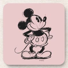 a drawing of mickey mouse on a pink background beverage coasters, set of 4