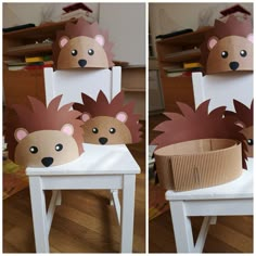 two pictures of the same animal in a basket on a chair with paper cut outs