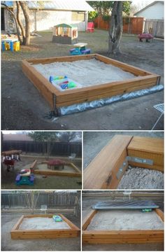 an outdoor play area made out of wood and sandboxes with toys in it