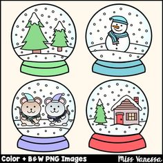 four snow globes with cartoon animals in them