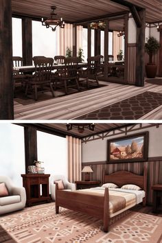 two pictures of a living room and dining area with wood paneled walls, windows, rugs and furniture