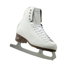 a pair of white ice skates with brown soles