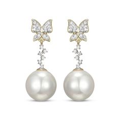 Capture her imagination with these delightful diamond butterfly and cultured pearl drop earrings. 10K yellow gold A diamond-studded butterfly spreads its wings on each charming post Round-cut diamonds cascade down to a lustrous round freshwater cultured pearl drop Total diamond weight is 1/6 carat Friction backs Diamond Butterfly, Pearl Diamond, 18th Birthday, Pearl Drop Earrings, Pearl Drop, Cultured Pearls, Round Cut Diamond, Spreads, Ear Piercings