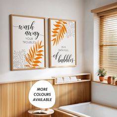 two framed pictures on the wall above a bathtub