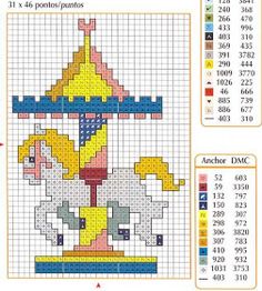 a cross stitch pattern with the image of a carousel in yellow, blue and white