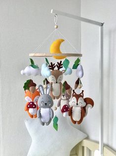 a stuffed animal mobile hanging from the side of a head