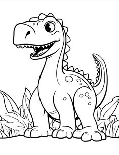 a cartoon dinosaur standing in the grass with his mouth open and tongue out, coloring pages