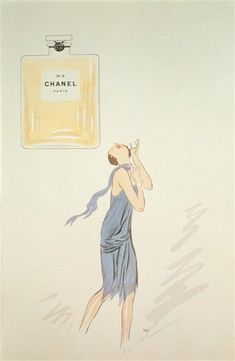 a drawing of a woman standing in front of a chanel bottle