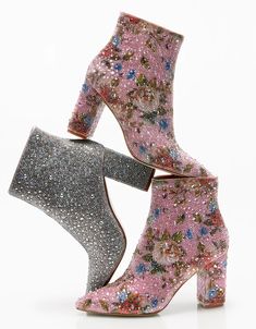 CADYF FLORAL MULTI Booties | Floral Rhinestone Bootie In Pink – Betsey Johnson Trendy Party Heeled Boots With Stacked Heel, Chic Rhinestone Boots For Party Season, Rhinestone Boots For Evening And Spring, Rhinestone Evening Boots For Spring, Evening Boots With Rhinestones For Spring, Evening Rhinestone Boots For Spring, Glamorous Embellished Ankle Boots, Trendy Party Boots For Spring, Trendy Spring Party Boots