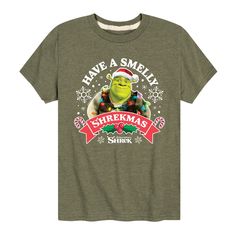 Shrek - Have A Smelly Shrekmas - Youth Short Sleeve Graphic T-Shirt Shrek Shirt, Funny Shrek, Shark Snacks, Brown Shorts, Kids Clothes Boys, Top Graphic Tees, Shrek, Boys Long Sleeve, Military Green