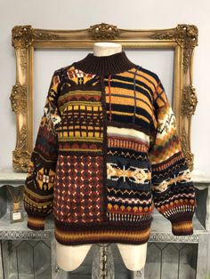 Sz M, can also fit XS and S   80s vintage novelty sweater D.T.R Mexican hecho a mano hand made knit Rare and unique chunky sweater  Condition - very good 80 Grandma Sweater, Maximalist Sweater, Jumpers Aesthetic, Eclectic Clothes, Brown Sweaters, Pull Vintage, Novelty Sweater, Pullover Outfit, 80s Vintage