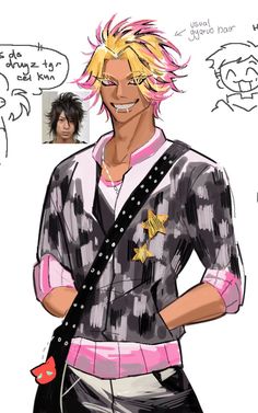 a drawing of a man with blonde hair and piercings on his head, wearing a pink shirt