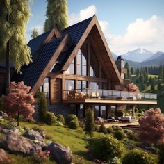 a large wooden house sitting on top of a lush green hillside next to trees and mountains