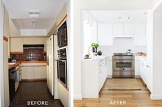 before and after photos of a kitchen remodel with white cabinets, wood flooring and stainless steel appliances