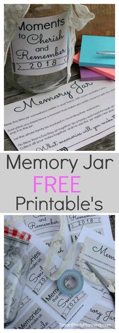 two pictures with the words memory jar free printables on them and an image of some