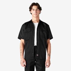 Our Men's Short Sleeve Work Shirt has been one of our top styles since Dickies started in 1922. There's a reason this style has stood the test of time. This original work shirt is crafted from our wrinkle-resistant classic twill fabric, with a generous cut through the shoulders and chest that provides freedom of movement, and square hem design for easy tucking. The piece features secure chest pockets with a pencil slot and non-break buttons. The shirt has a moisture-wicking finish to help keep y Work Shirt Outfit, Dickies Outfits Men, Dickies Outfit, Quilted Shirt, Dickies Shorts, Dickies Workwear, Mechanic Shirts, Simple Tees, Work Shirt