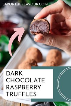 chocolate raspberry truffles with text overlay that reads dark chocolate raspberry truffles