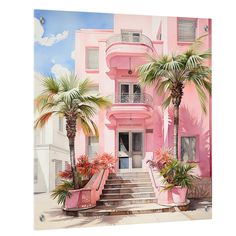 a painting of a pink building with palm trees and stairs leading up to the front door