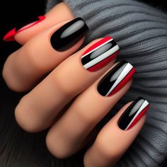 Black nails adorned with a striking red and white diagonal stripe - Best for valentines day White Red Black Nails, Black Red And White Nail Designs, Black White And Red Nails Ideas, Red White And Black Nails Design, Race Car Nails Designs, Black Red Nails Design, Black White Red Nails, Red Black And White Nails Design, Black Red White Nails