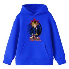 Celebrate your favorite anime characters in comfort with this Yu-Gi-Oh sweatshirt. The hoodie features an image of Yugi standing in front of a spiral background while the series logo appears below him. The sweatshirt comes in blue and is equipped with a double-lined hood and a large pouch pocket. Yu-Gi-Oh fans will love this fun design. Blue Character Print Hoodie Sweatshirt, Blue Hoodie With Character Print, Blue Hooded Sweatshirt With Character Print, Blue Hoodie Sweatshirt With Character Print, Blue Long Sleeve Hoodie For Cosplay, Logo Graphic, Graphic Hoodies, Pocket Pouch, Sleeve Styles