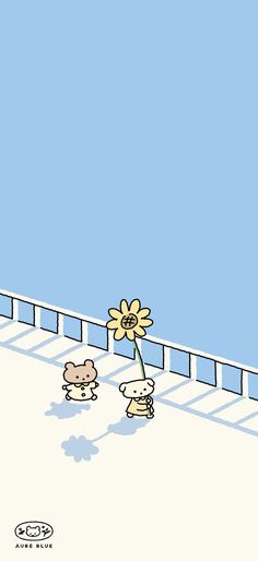 two cartoon characters standing on a bridge with a flower in their hand and another character holding a large yellow flower