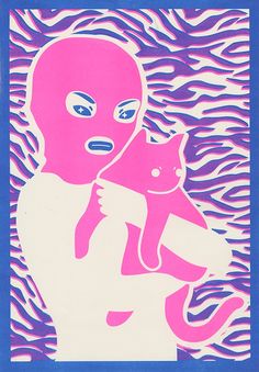 a pink and blue poster with an octopus holding a cat in it's arms