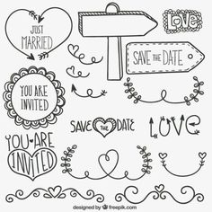 hand drawn wedding doodles with hearts, arrows and love signs in black and white