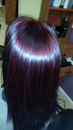 Red Blue Hair Color, Red Purple Hair Highlights, Red And Purple Streaks Hair, Purple Hair With Red Highlights, Purple And Red Hair Highlights, Pink And Purple Skunk Stripe Hair, Dark Red And Blue Hair, Purple Hair Blue Highlights, Blue Purple Red Hair