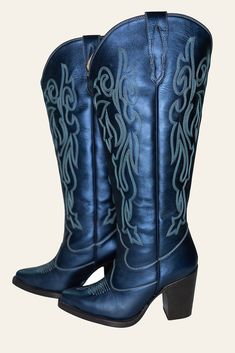 Experience sophistication with our Metallic Navy Leather Women's Wide Calf Cowboy Boots, adorned with exquisite silver and grey stitching Enjoy all-day comfort with an 18-inch calf circumference, ensuring the perfect fit for every wearer Step confidently with a fashionable 3.5-inch heel that adds a chic flair to any outfit Wide Calf Cowboy Boots, Wide Calf, Navy Leather, 5 Inch Heels, Bristol, Cowboy Boots, Leather Women, Cowboy, Perfect Fit