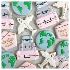 decorated cookies with travel theme on them