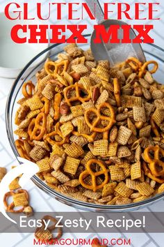 homemade gluten free chex mix in a glass bowl