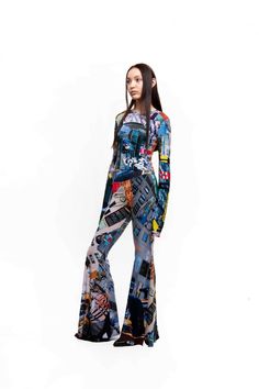 Polyester-blend stretch flare pants -All-over print -Elasticized waistband Stretch Wide Leg Pants With Graphic Print, Fitted Multicolor Graphic Print Bottoms, Fitted Multicolor Bottoms With Graphic Print, Fitted Pants With Graphic Print For Spring, Multicolor Graphic Print Wide Leg Pants, Multicolor Wide Leg Pants With Graphic Print, Fitted Multicolor Wide-leg Pants, Printed Full-length Fitted Bottoms, Fitted Full-length Printed Bottoms