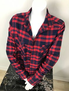 Red and navy flannel button up. Nice thick flannel! Vintage looking, made by Old Navy. Size small. Red And Navy Plaid Shirt Outfit, Red Collared Flannel Shirt For Fall, Red Flannel Shirt For Fall, Red Flannel Shirt With Button Closure, Red Flannel Shirt With Buttons, Red Flannel Collared Shirt, Red Collared Flannel Shirt With Buttons, Collared Flannel Shirt With Buttons, Winter Plaid Flannel Shirt With Buttons