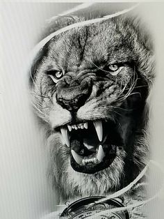 a black and white photo of a lion with its mouth open