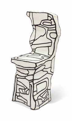 a chair that has been drawn with black and white lines on the back, sitting in front of a white background