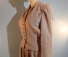 "Vintage, 1940's-1950's, hand-tailored two-piece suite by, Honigsbaum's, Albany, NY. Includes blazer and high-waisted skirt. Made in the USA. Light brown, blue, and red plaid design. Gently worn. In overall excellent condition without rips or stains. Includes free shipping (US only). Women's Small Blazer Length, 20.5\" Underarm to underarm, 19\" Sleeves, 23\" Skirt Length, 29\" Waist, 25\" Across hips, 19\"" Blazer And Skirt, Plaid Blazer, Plaid Design, Red Plaid, Fabric Squares, Two Pieces, Skirt Length, Suits For Women, Men's Blazer