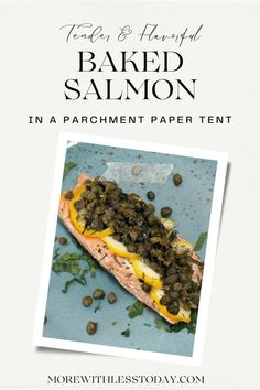 an advertisement for baked salmon in parchment paper on a blue background with text overlay