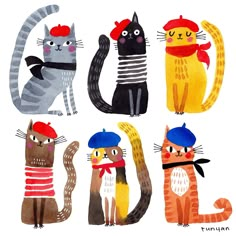 four cats are wearing hats and scarves