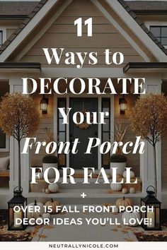 the front porch is decorated for fall with pumpkins, trees and decorations on it