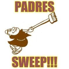 a sticker with the words padres sweep and a cartoon character holding a broom